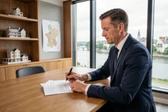 Conseiller en investissement locatif devant un panorama de la Loire, analysant des documents immobiliers dans un bureau moderne