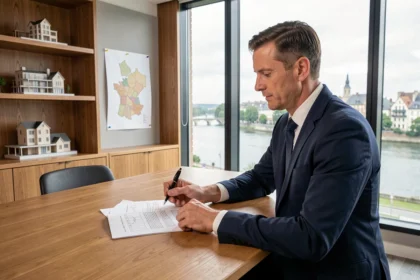 Conseiller en investissement locatif devant un panorama de la Loire, analysant des documents immobiliers dans un bureau moderne
