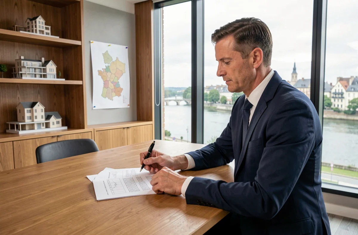 Conseiller en investissement locatif devant un panorama de la Loire, analysant des documents immobiliers dans un bureau moderne