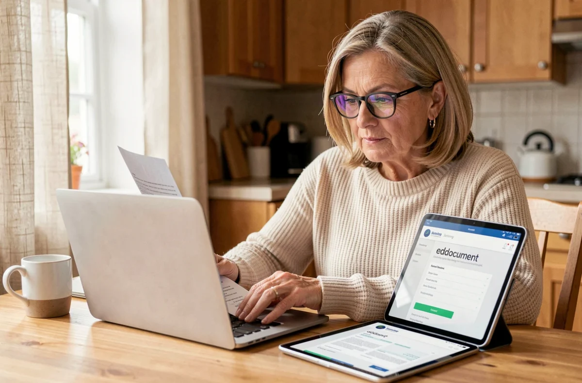 Femme consultant ses edocuments bancaires Filibanque CIC sur ordinateur portable et tablette depuis sa cuisine