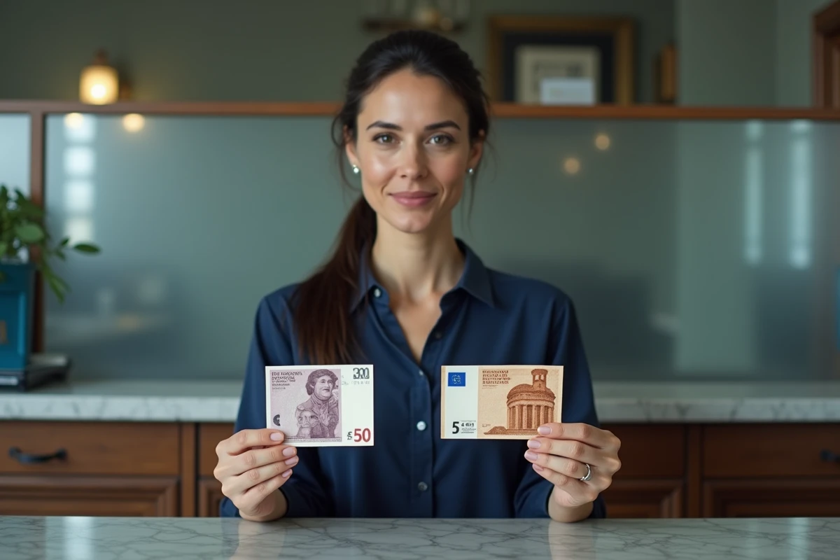 Femme tenant un billet de 100 francs et un billet de 50 euros dans une banque, conversion anciens francs en euros