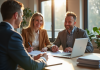 Couple souriant avec banquier dans un bureau moderne en France