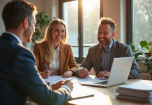 Couple souriant avec banquier dans un bureau moderne en France
