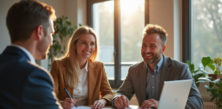 Couple souriant avec banquier dans un bureau moderne en France