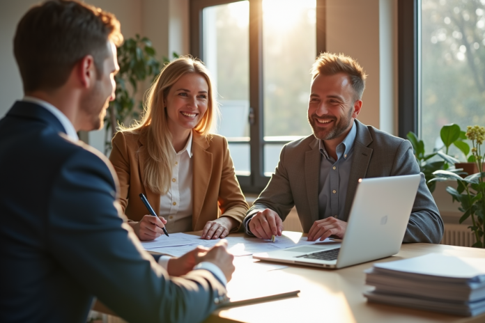 Couple souriant avec banquier dans un bureau moderne en France