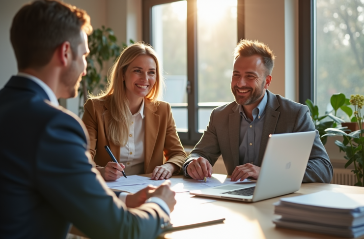 Couple souriant avec banquier dans un bureau moderne en France
