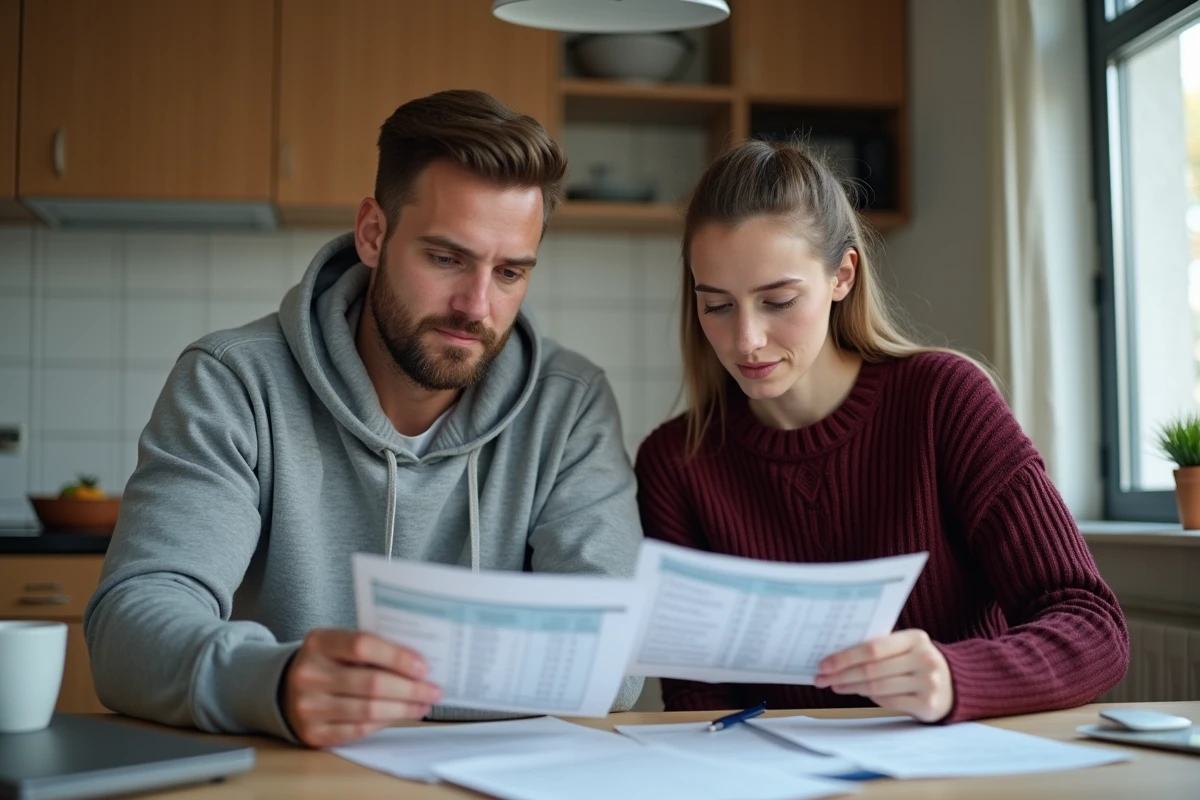 Couple en situation de CDD comparant des offres de crédit à domicile sur la table de cuisine
