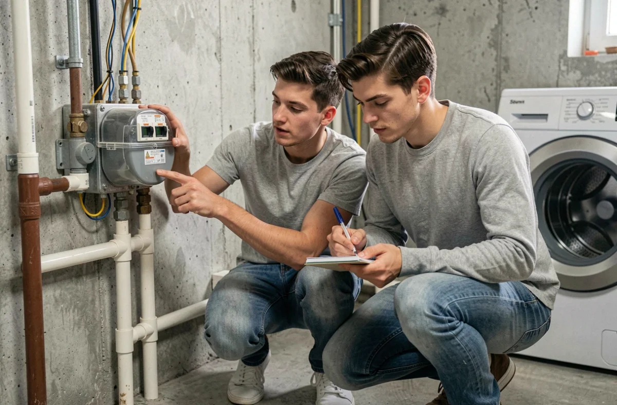 Couple vérifiant le compteur électrique EDF pour optimiser les heures creuses et réduire la facture d'électricité