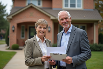 Couple discutant devant leur maison de banlieue