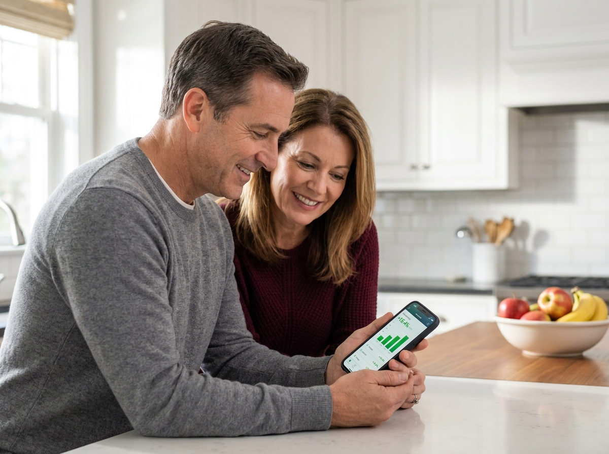 Couple de cinquantenaires vérifiant leur plan d'épargne en actions sur smartphone dans leur cuisine