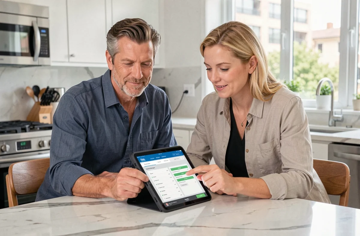 Couple gérant ensemble leurs finances et comptes bancaires en ligne sur une tablette dans une cuisine moderne