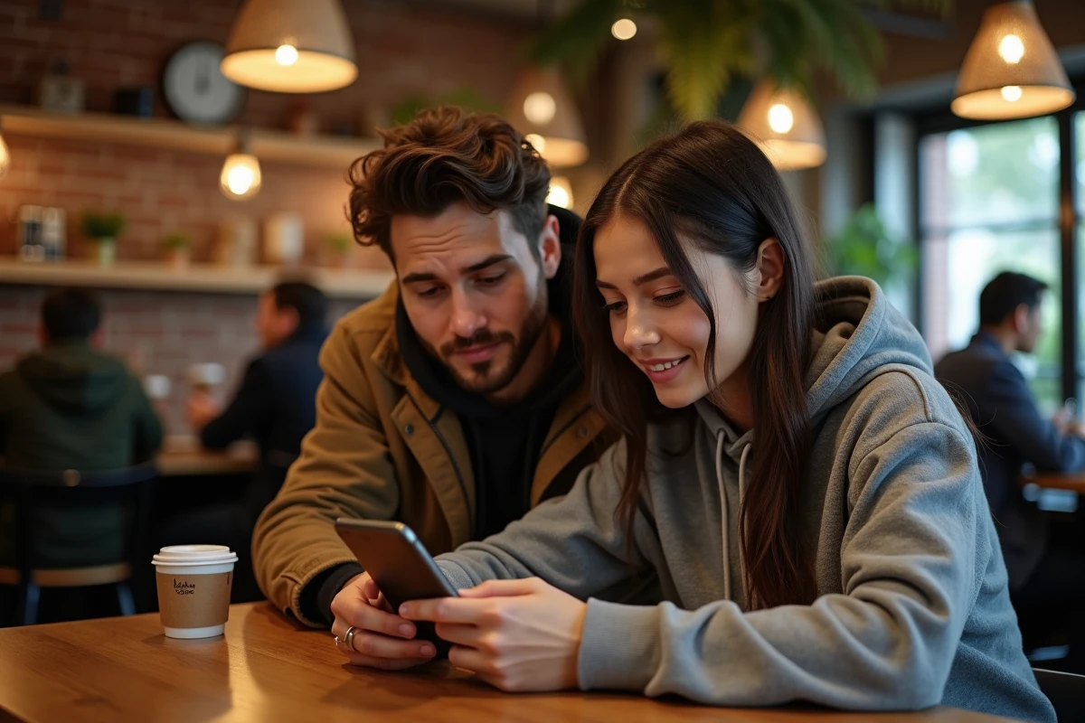 Couple consultant les partenaires Kadéos Infini sur smartphone dans un café parisien