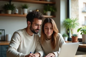 Jeune couple de primo-accédants examinant un dossier de crédit immobilier sur un ordinateur portable à leur table de cuisine en 2026