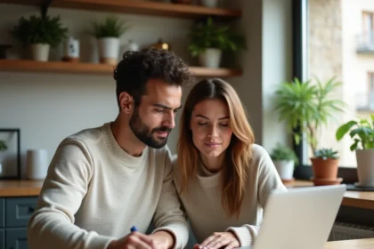 Jeune couple de primo-accédants examinant un dossier de crédit immobilier sur un ordinateur portable à leur table de cuisine en 2026