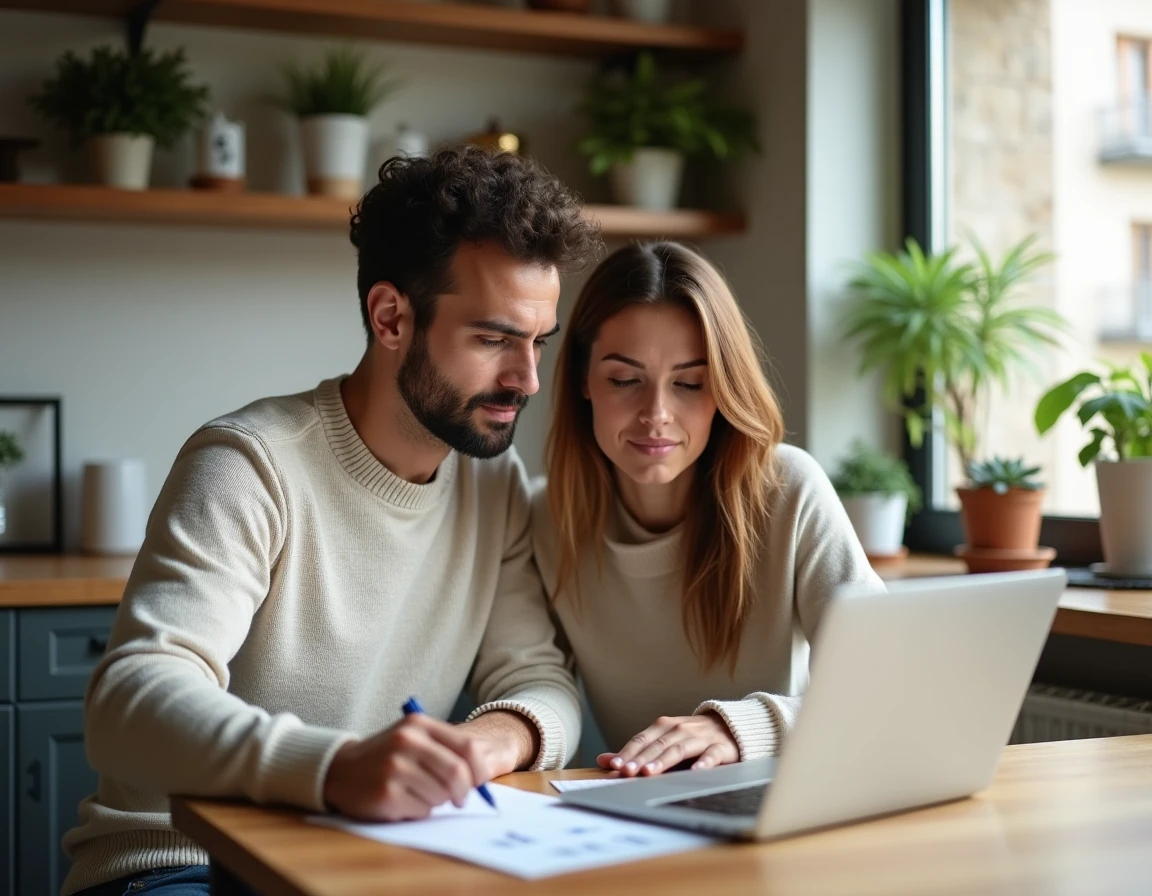 Jeune couple de primo-accédants examinant un dossier de crédit immobilier sur un ordinateur portable à leur table de cuisine en 2026