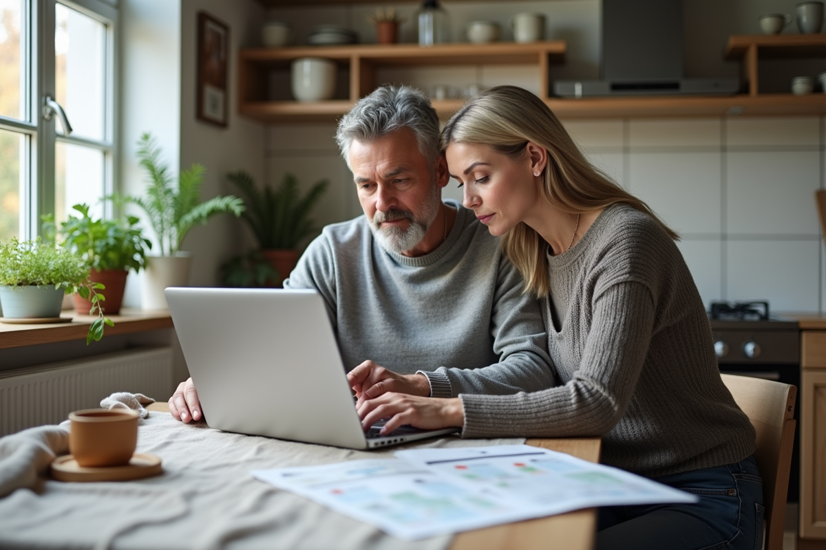 Couple d'adultes cherchant un appartement dans une cuisine moderne