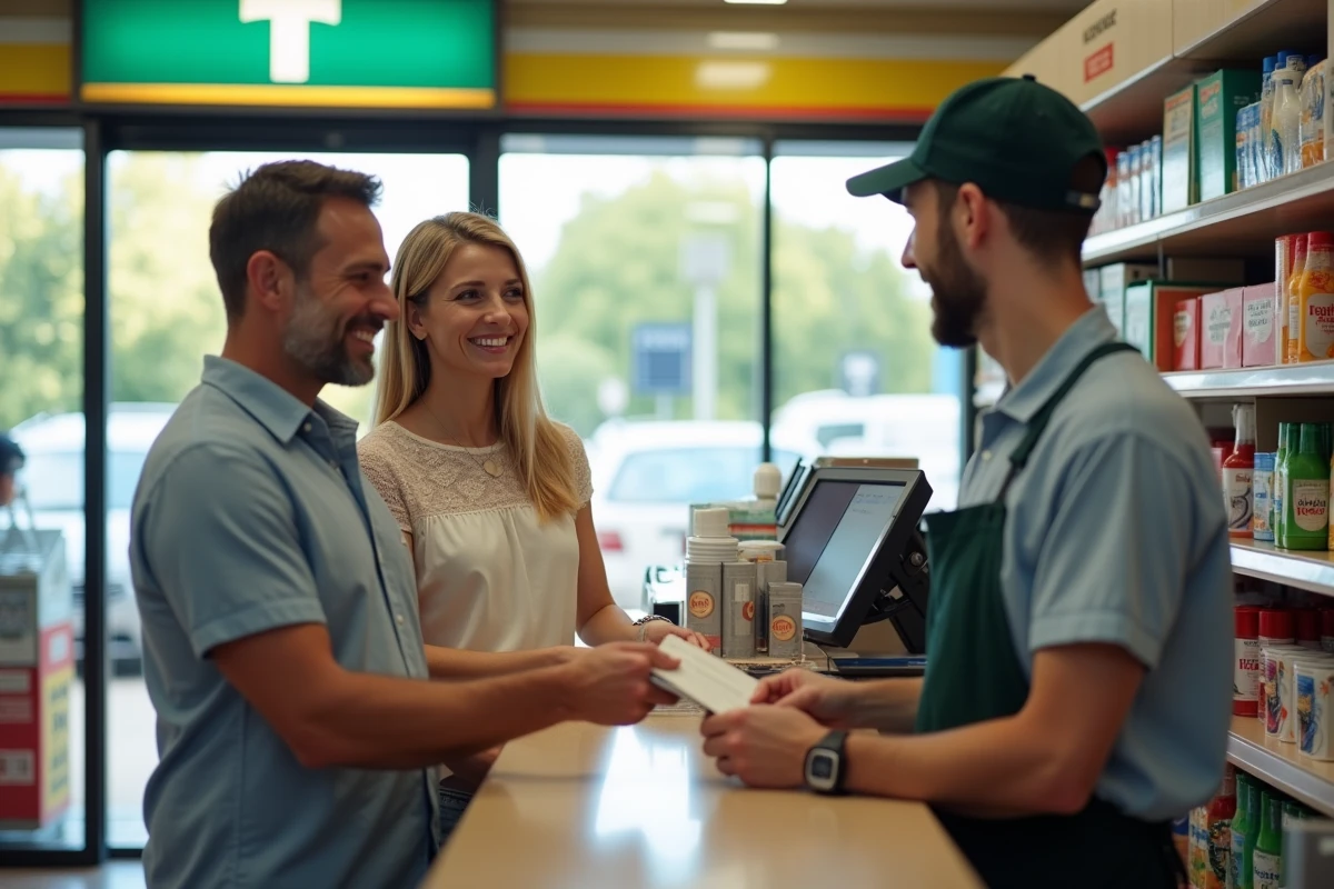 Couple remettant des chèques vacances essence à un caissier dans une station-service française