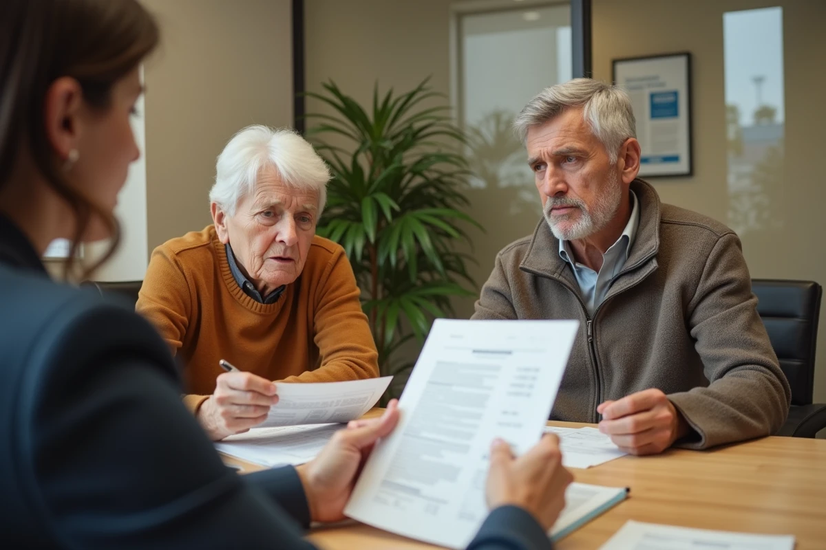 Couple en rendez-vous bancaire à La Banque Postale pour discuter d'un souci de paiement ou de compte