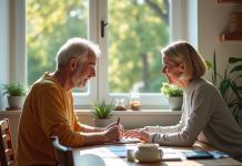 Couple mature planifiant sa retraite dans une cuisine lumineuse