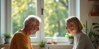 Couple mature planifiant sa retraite dans une cuisine lumineuse