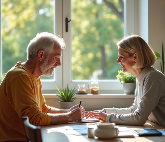 Couple mature planifiant sa retraite dans une cuisine lumineuse