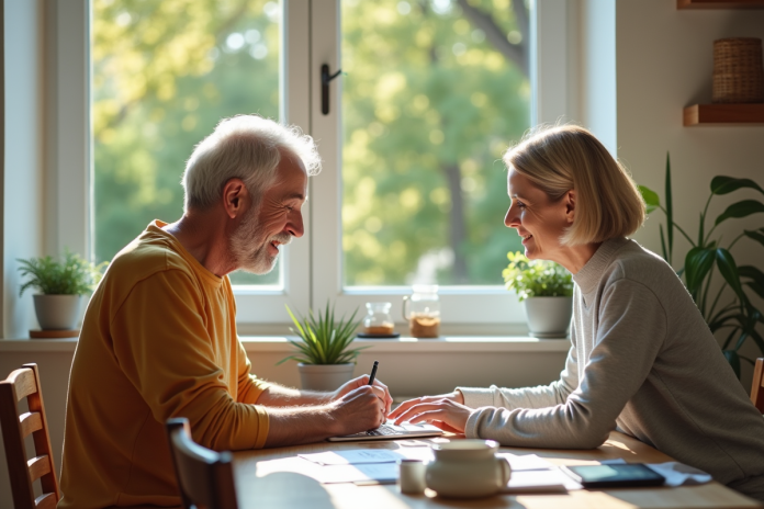 Couple mature planifiant sa retraite dans une cuisine lumineuse