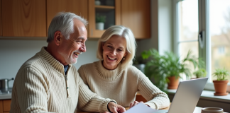 Couple retraités souriants à la cuisine avec papiers et ordinateur