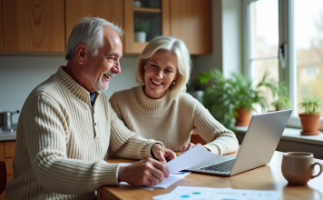 Retraite confortable : comment assurer un revenu stable? Couple retraités souriants à la cuisine avec papiers et ordinateur