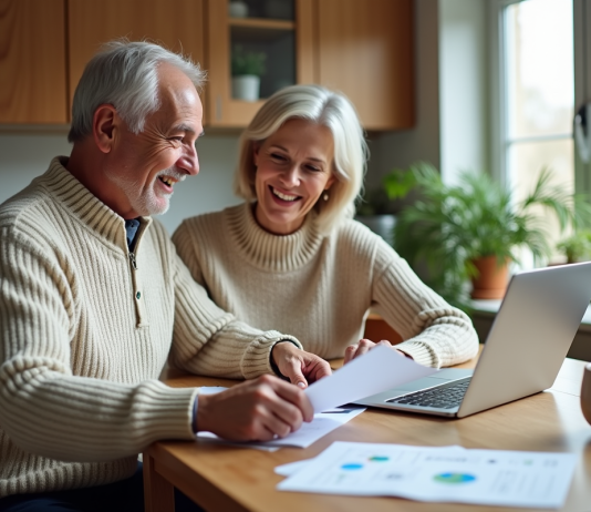 Retraite confortable : comment assurer un revenu stable? Couple retraités souriants à la cuisine avec papiers et ordinateur