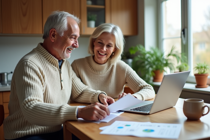 couple-retraites-finances-kitchen Couple retraités souriants à la cuisine avec papiers et ordinateur