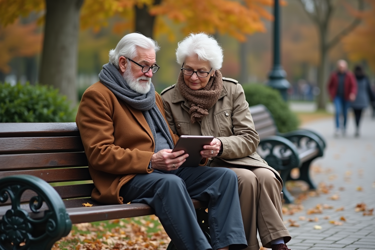 Couple de retraités regardant une tablette dans un parc