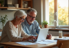 Couple senior heureux à la maison avec documents et ordinateur