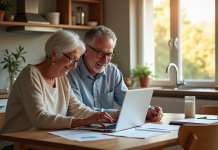 Couple senior heureux à la maison avec documents et ordinateur