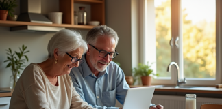 Couple senior heureux à la maison avec documents et ordinateur