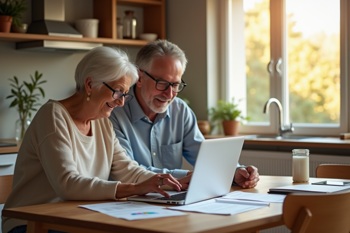 Couple senior heureux à la maison avec documents et ordinateur