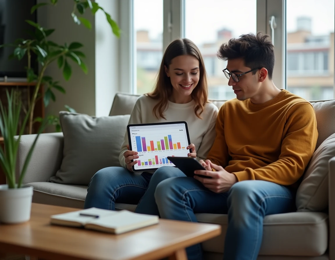 Couple consultant ensemble leurs dépenses quotidiennes sur une tablette via leur espace client bancaire