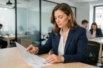 Femme cadre en blazer marine analysant une courbe de salaire dans un bureau moderne en France