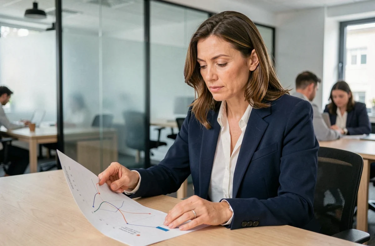 Femme cadre en blazer marine analysant une courbe de salaire dans un bureau moderne en France
