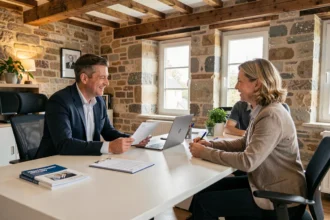 Un couple breton en consultation avec un courtier en assurance emprunteur dans un bureau moderne aux murs en pierre apparente