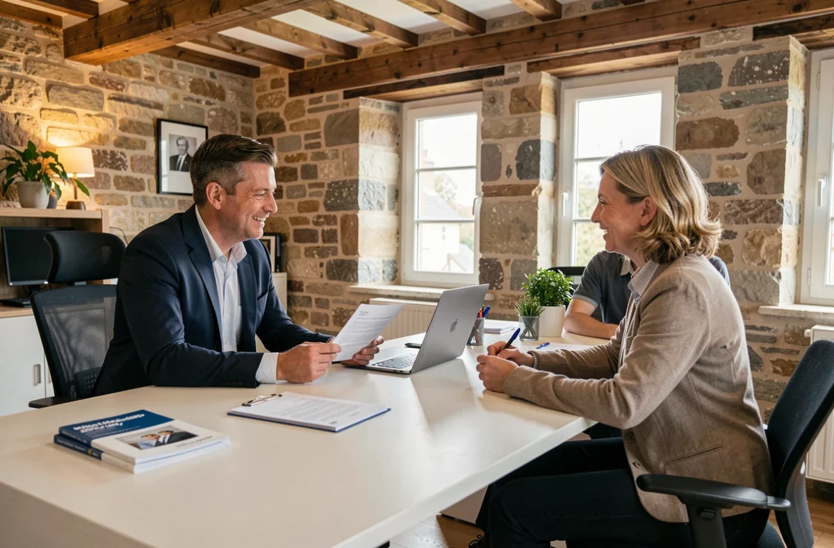 Un couple breton en consultation avec un courtier en assurance emprunteur dans un bureau moderne aux murs en pierre apparente