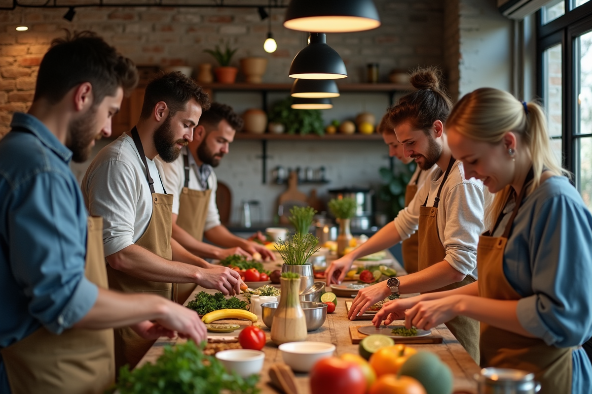 Groupe diversifié préparant des ingrédients dans une cuisine moderne