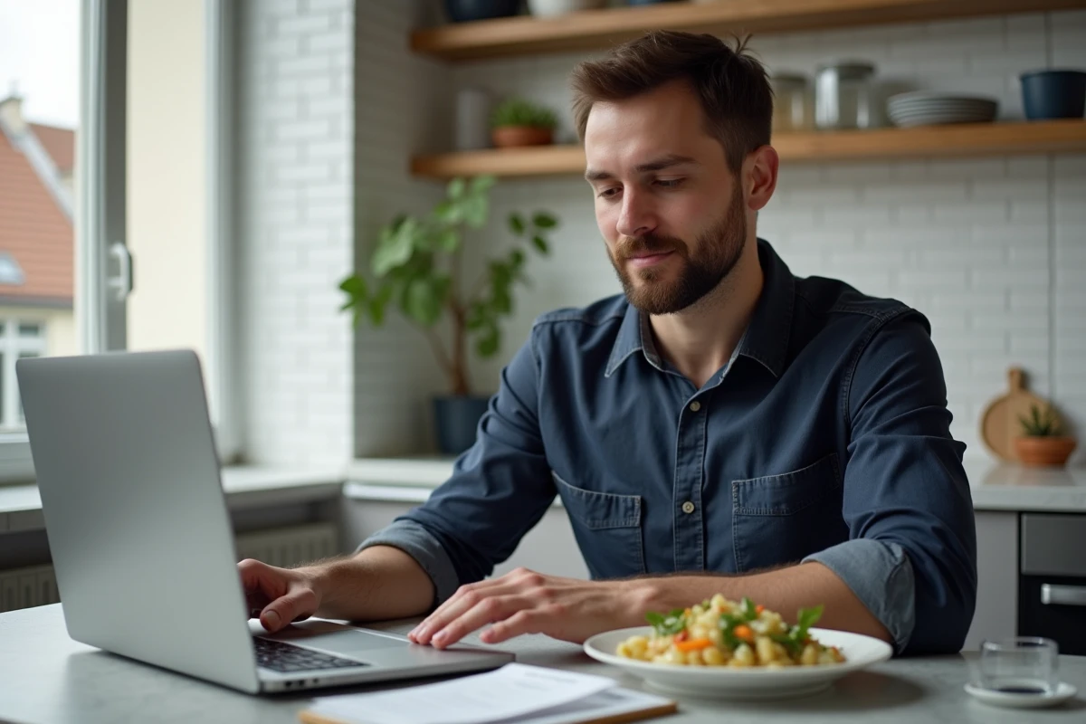 Homme en télétravail avec ordinateur et reçus de repas sur une table de cuisine parisienne pour déclaration d'impôts