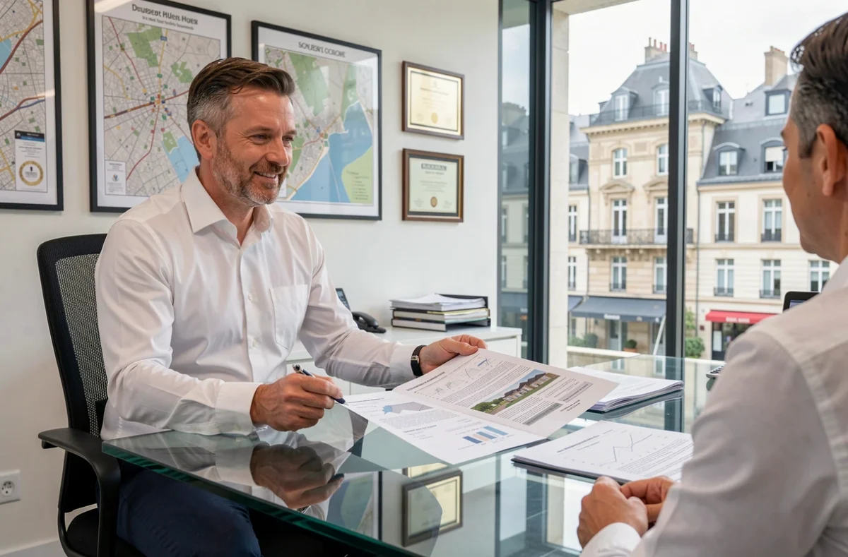Conseiller en gestion de patrimoine et immobilier de Durand Montouché présentant des documents d'investissement dans son bureau à Tours