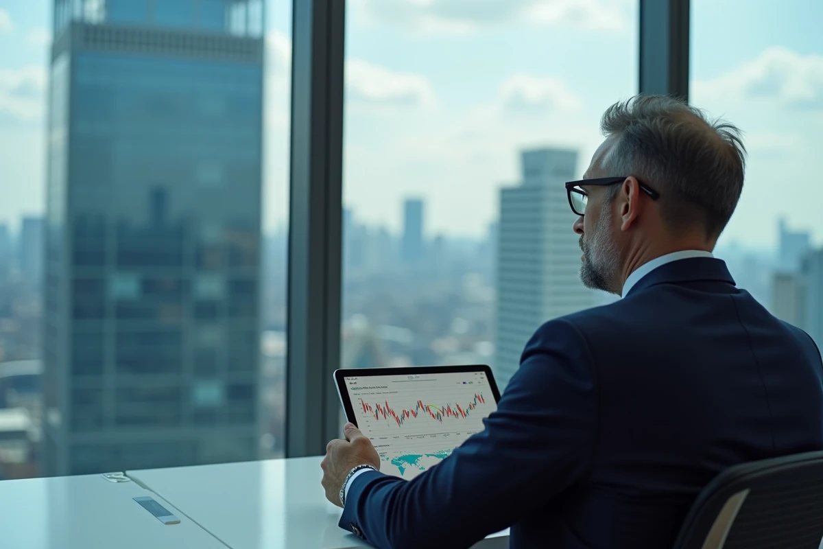 Economiste homme en costume analysant des graphiques de commerce
