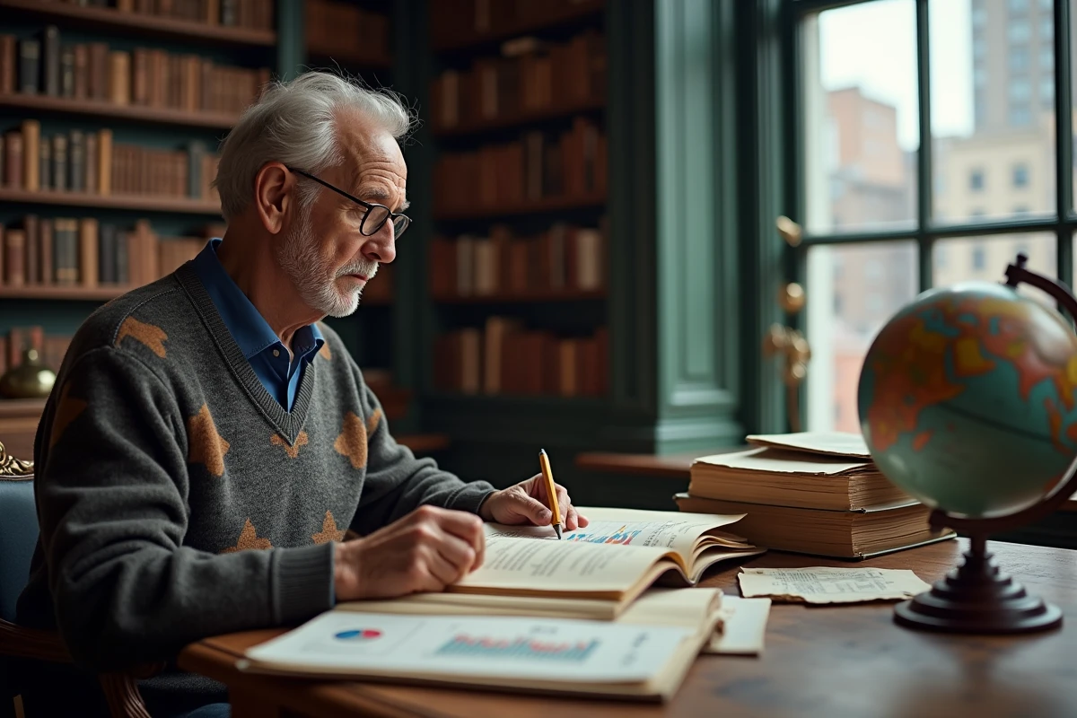 Economiste âgé analysant des graphiques économiques dans un bureau ancien