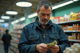 Employé de supermarché comptant des pièces et billets à la caisse, illustrant le niveau du SMIC en France
