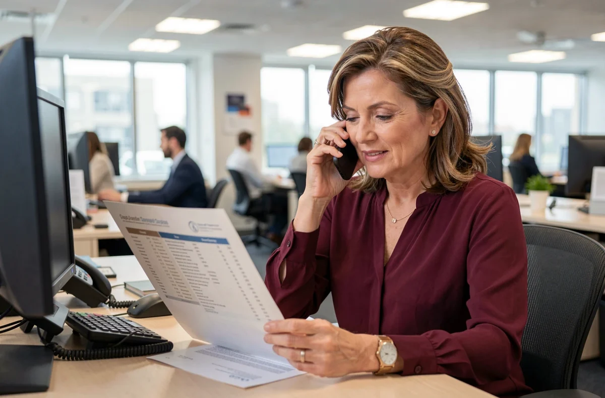 Une conseillère téléphonique d'un comparateur d'assurance emprunteur consultant des documents lors d'un appel client
