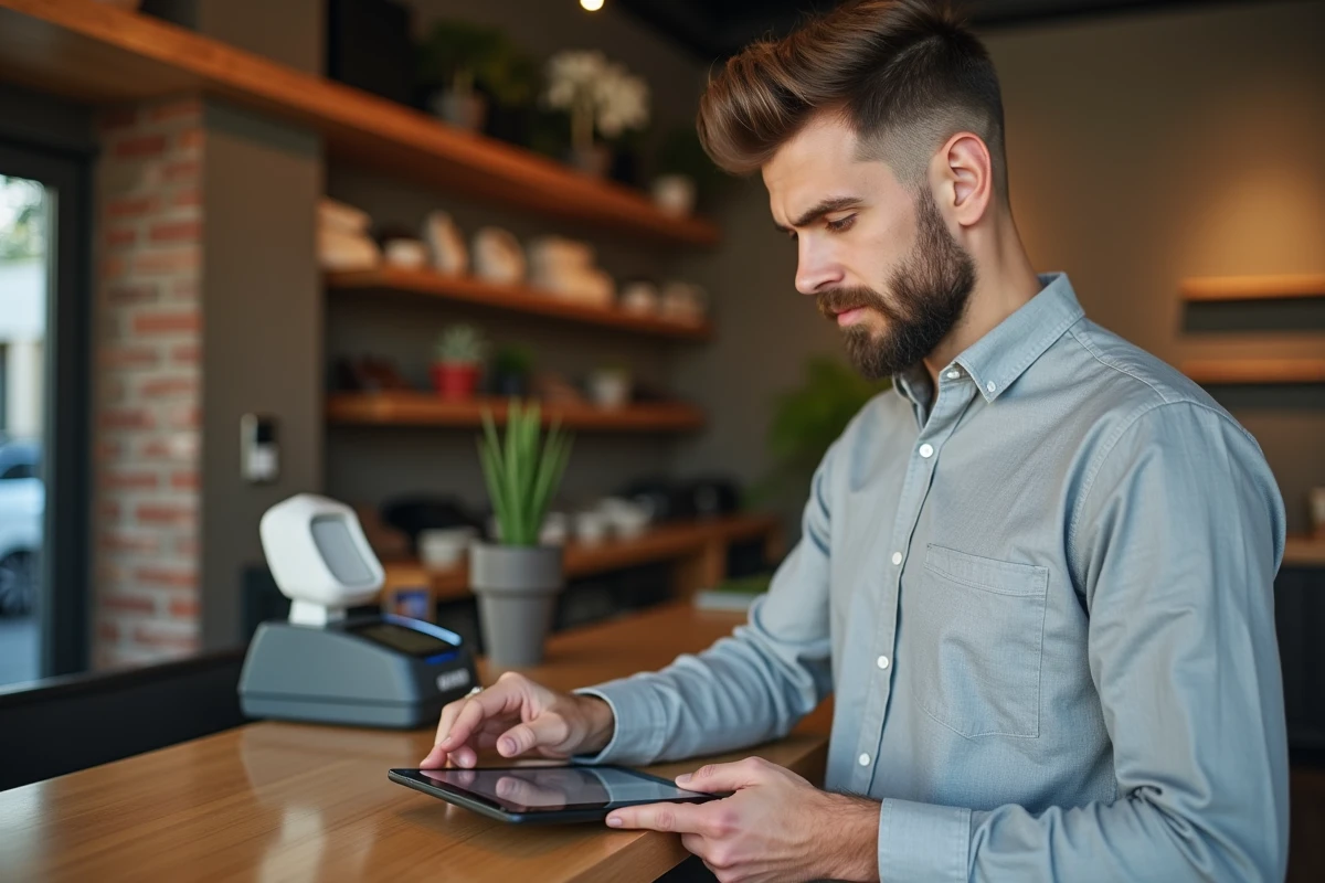 Entrepreneur en boutique vérifiant une confirmation de paiement sur tablette avec terminal de paiement sur le comptoir