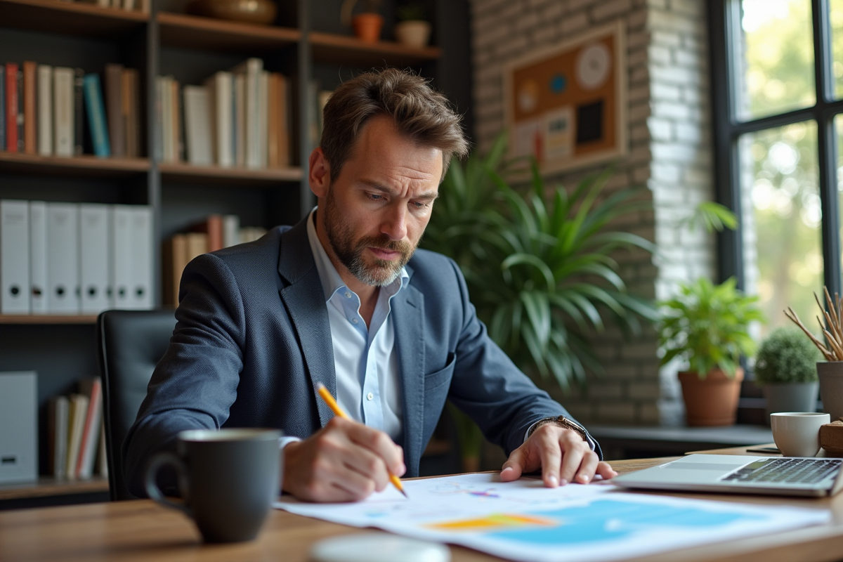 Entrepreneur seul en réflexion dans un bureau à domicile