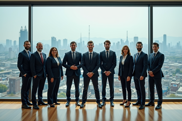 equipe-dirigeants-industrie Groupe de professionnels devant une vue industrielle